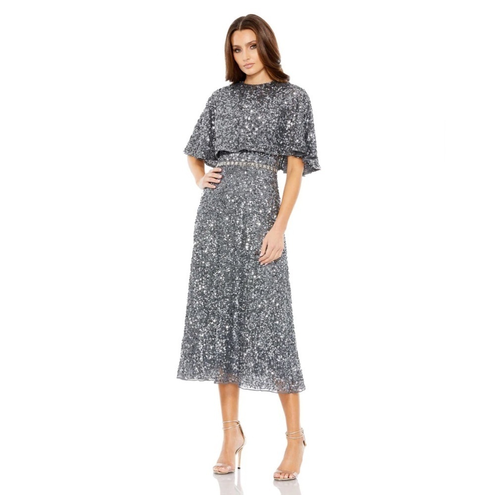 Mac Duggal 5577 NWT EMBELLISHED CAPE HIGH NECK MIDI DRESS